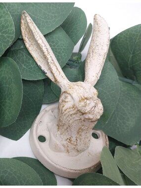 Cast Iron White Rabbit Wall Hook Distressed